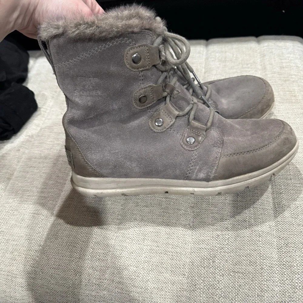 Sorel Explorer‎ Joan women's waterproof snow boots in gray suede 10